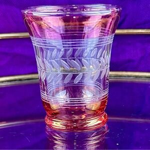 Vintage 50s Bohemian Cranberry Flashed Etched Leaf‎ Juice Glass Mid Century